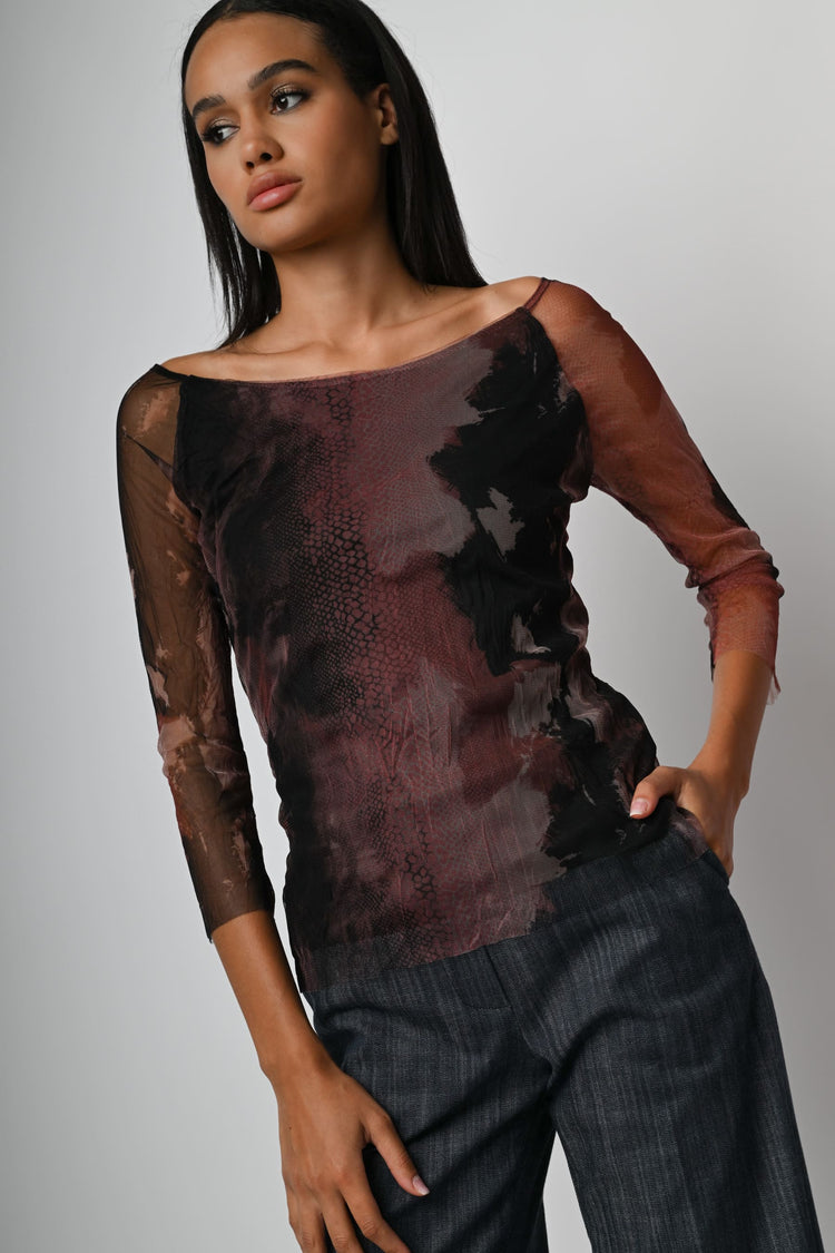 Top in tulle a stampa animalier