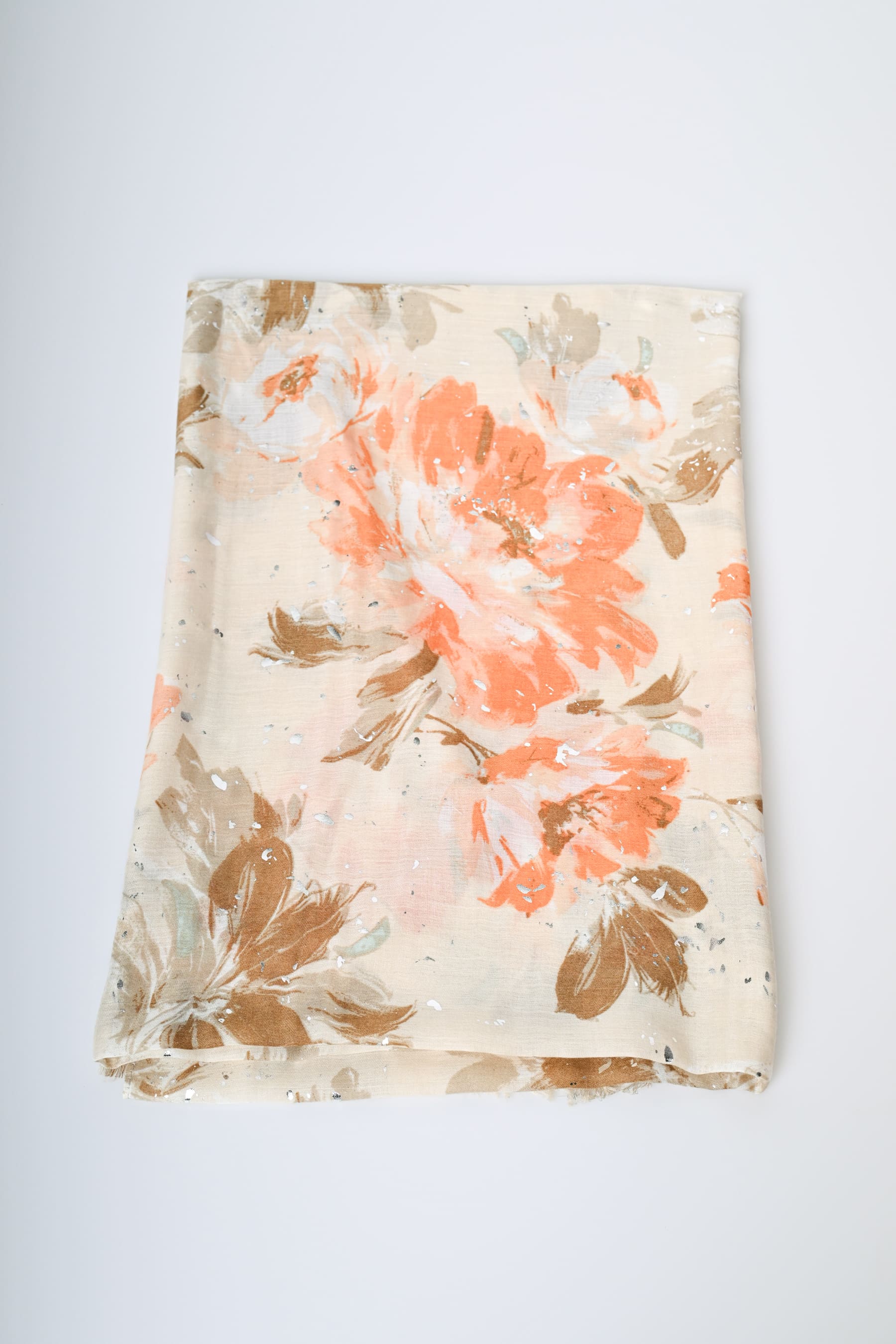 Sciarpa con stampa floreale arancione, in pura pashmina