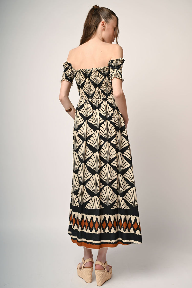 Abito a punto smock con stampa etnica