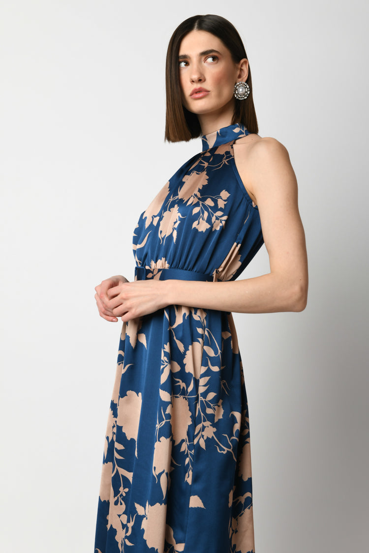 Abito lungo in raso a stampa floreale