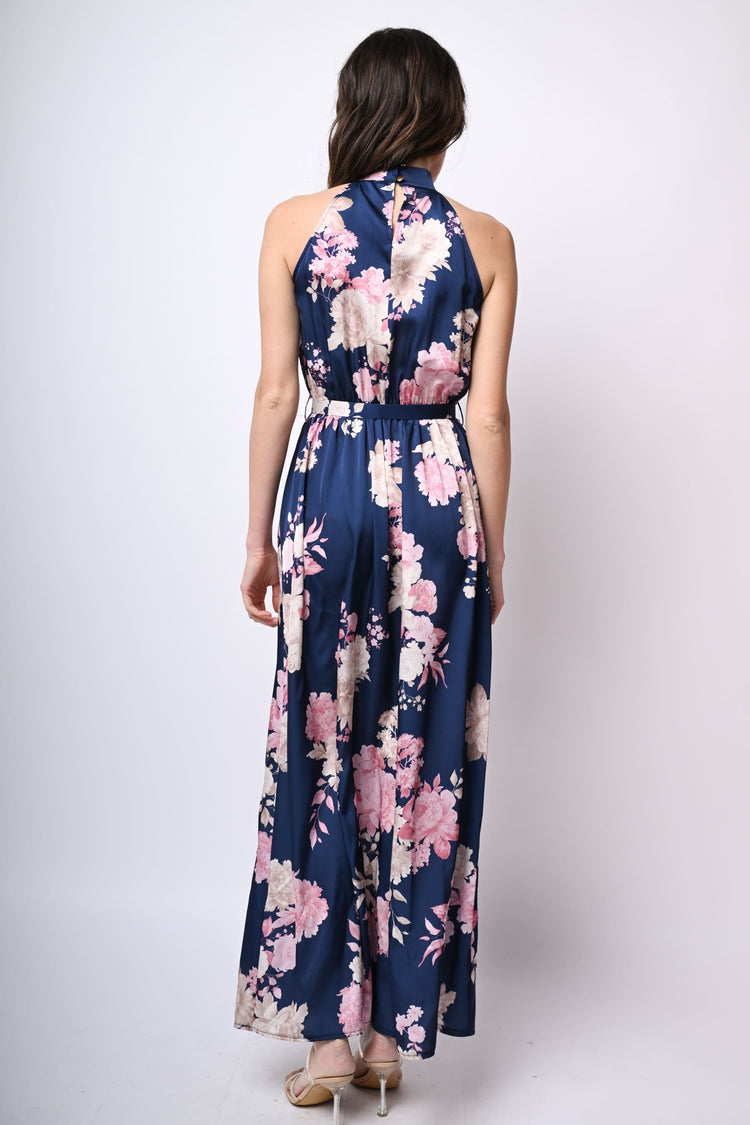 Abito lungo in raso a stampa floreale