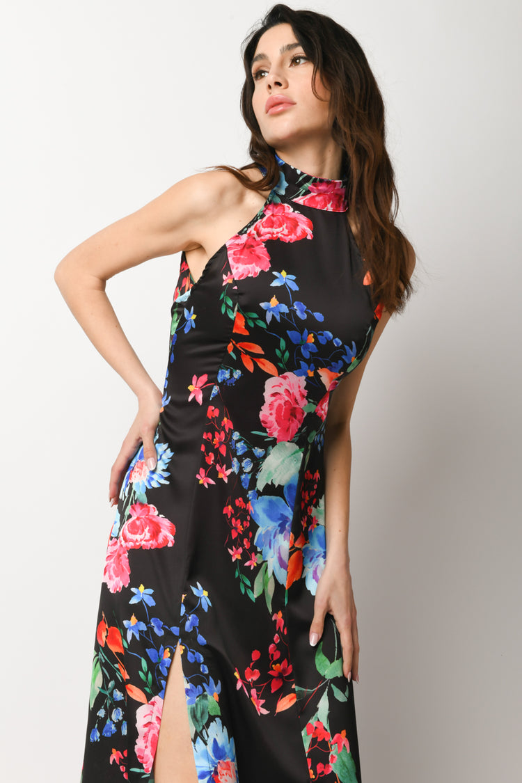 Abito lungo in raso a stampa floreale