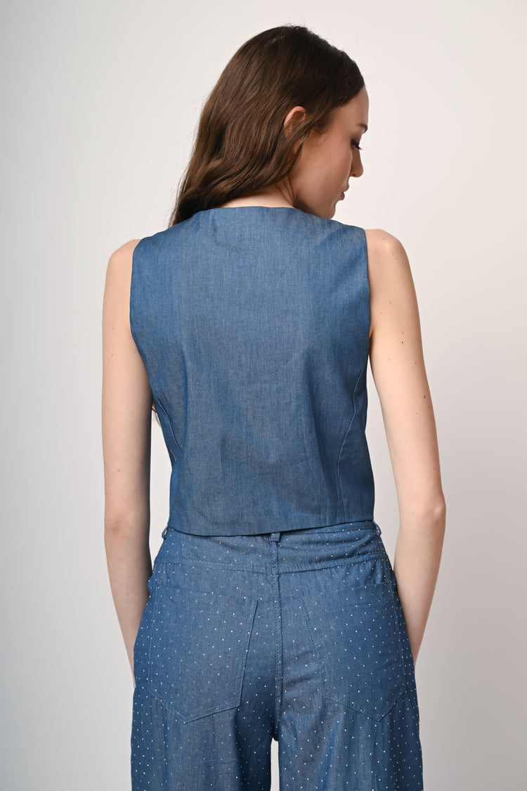 Gilet effetto denim con strass
