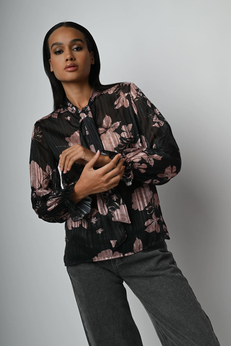 Blusa a stampa floreale con fiocco