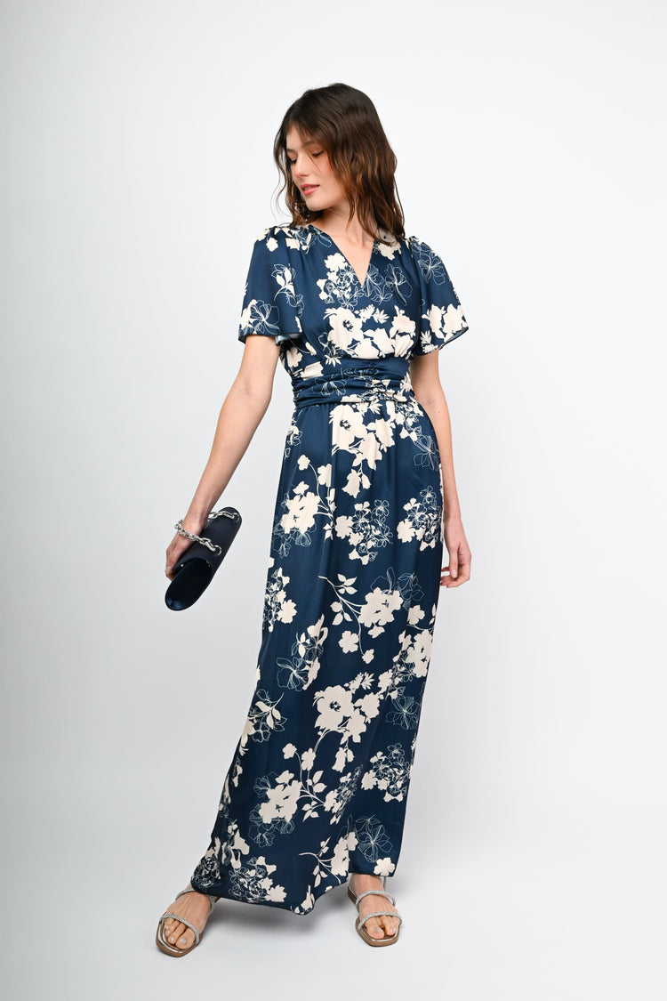 Abito lungo in raso a stampa floreale