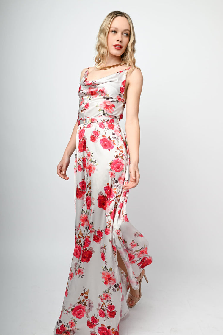 Abito lungo in raso a stampa floreale