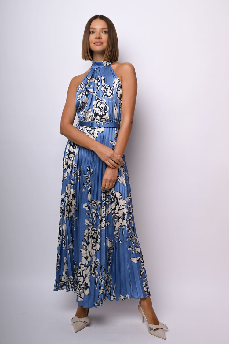 Abito lungo in raso a stampa floreale