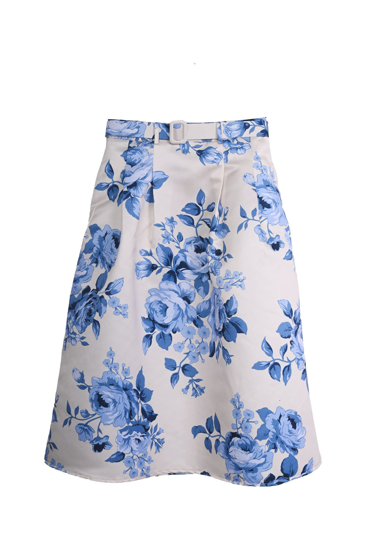 Gonna midi in raso a stampa rose