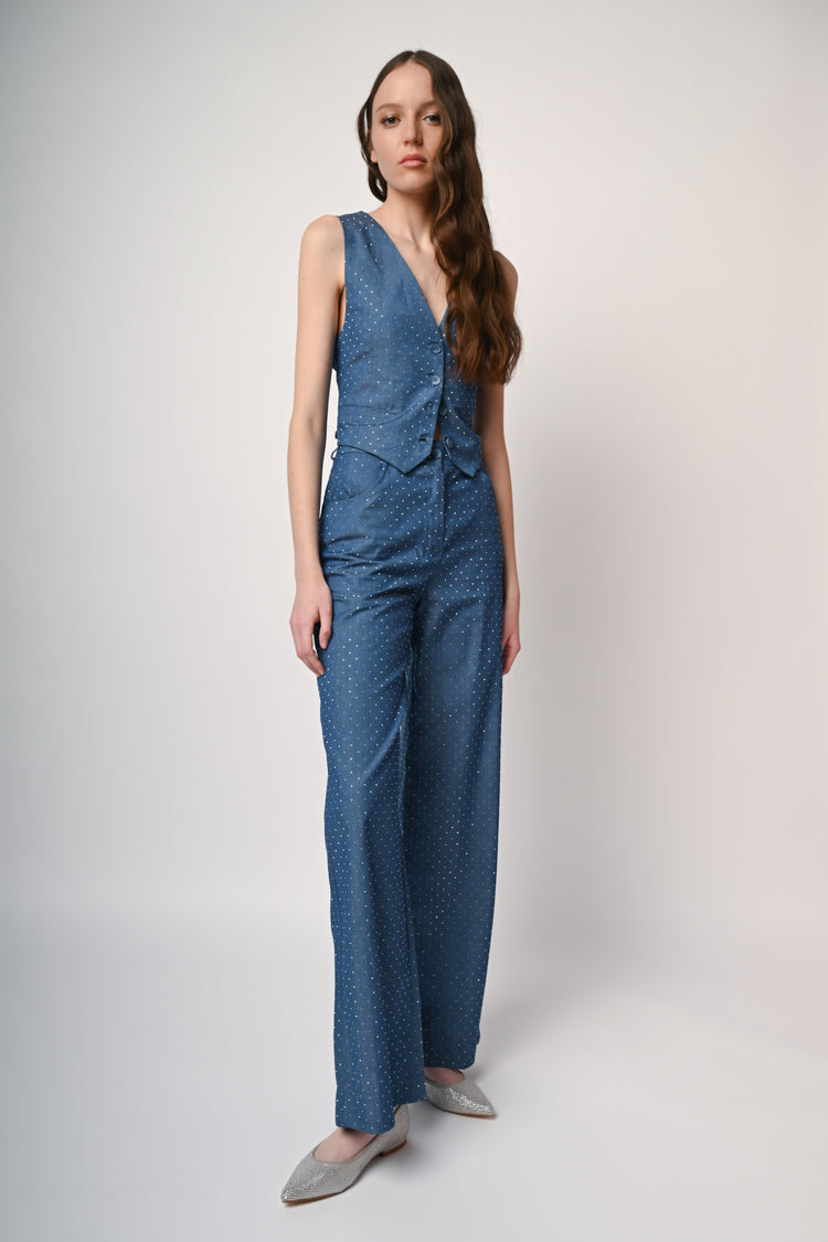 Pantaloni palazzo in denim con strass