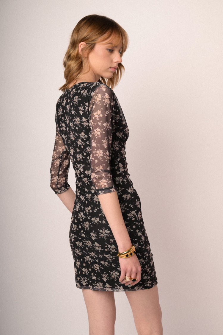 Mini abito a tubino in tulle arricciato a stampa floreale nero