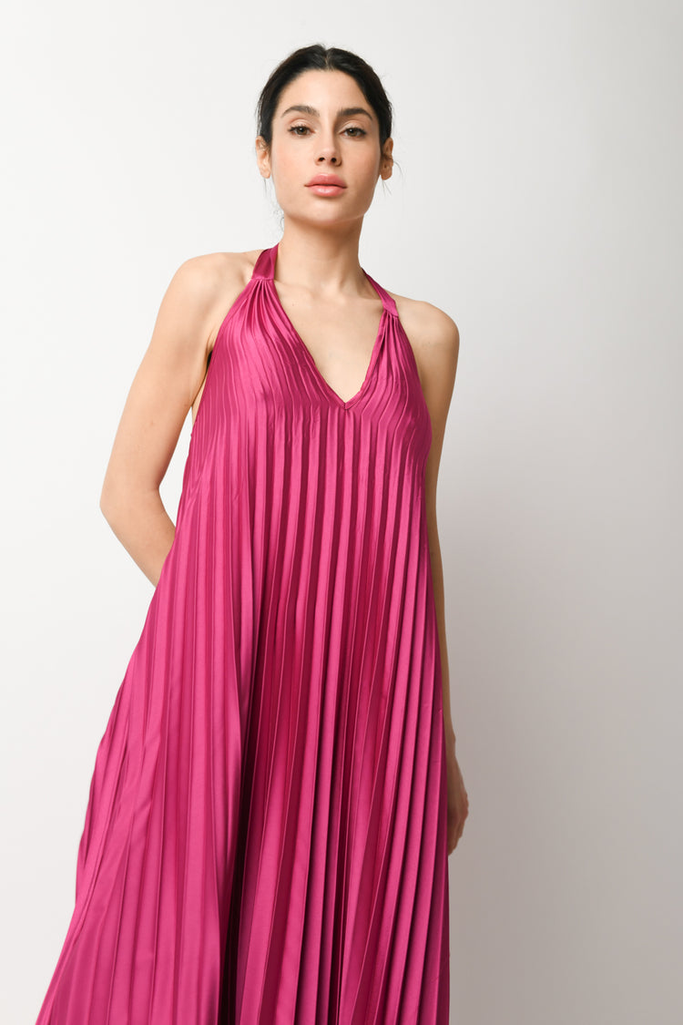 Abito lungo in raso plissé