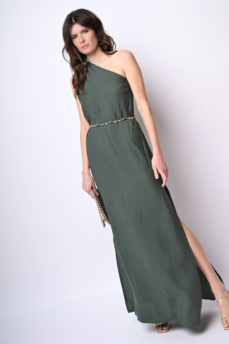 Abito lungo monospalla con cintura e rosa 3D