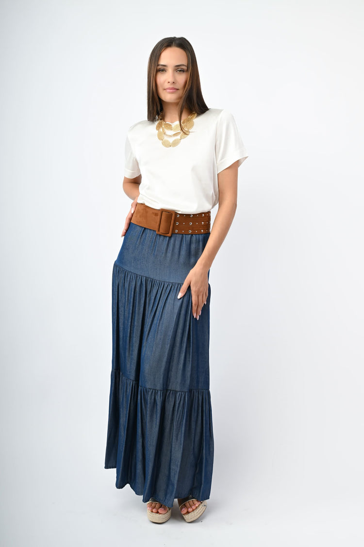 Gonna lunga a balze effetto denim