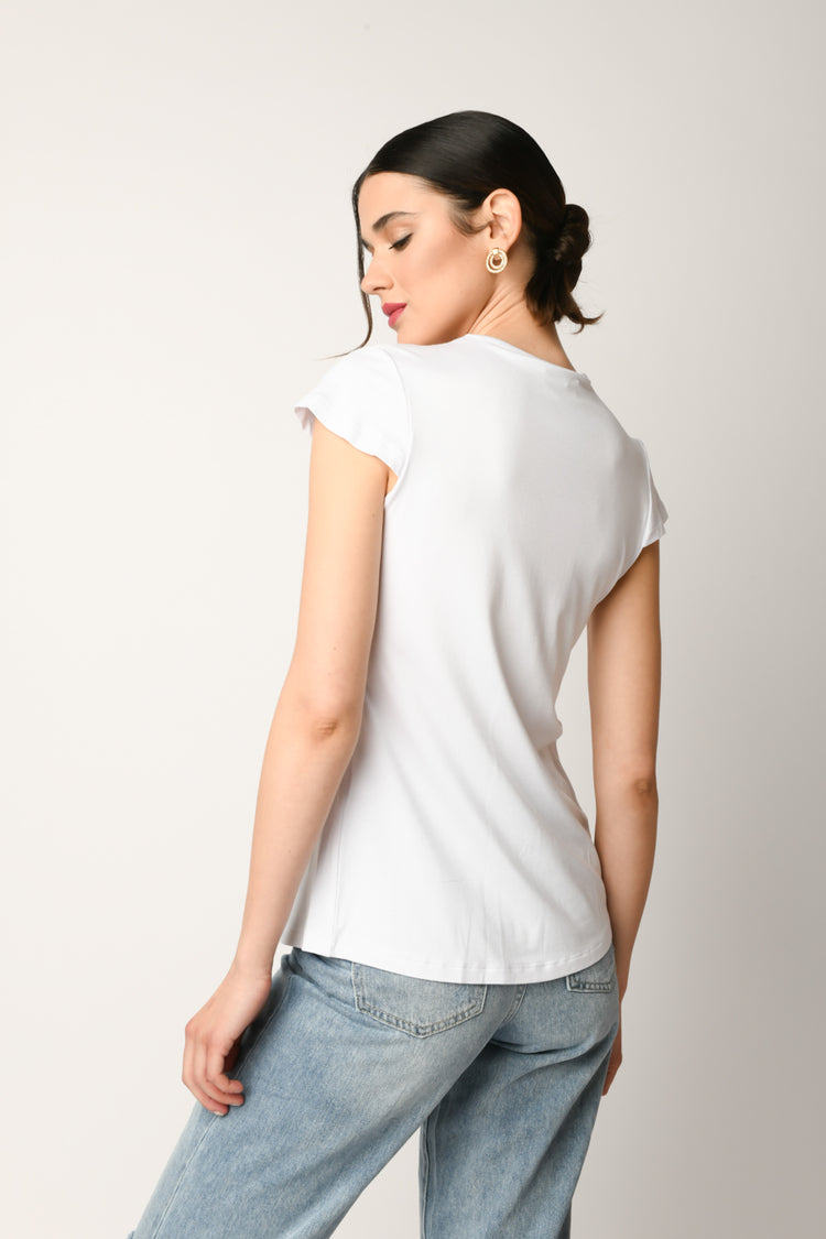 T-shirt con scollo a V a pieghe