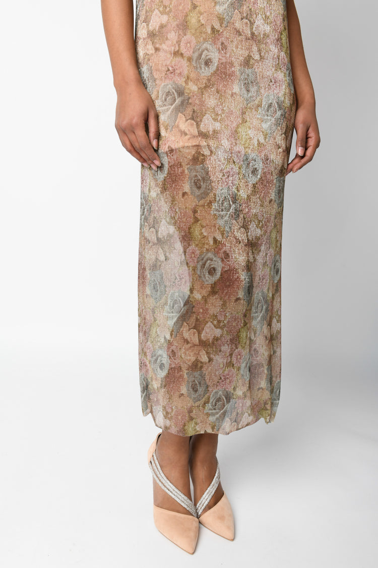 Abito lungo in lurex a stampa floreale