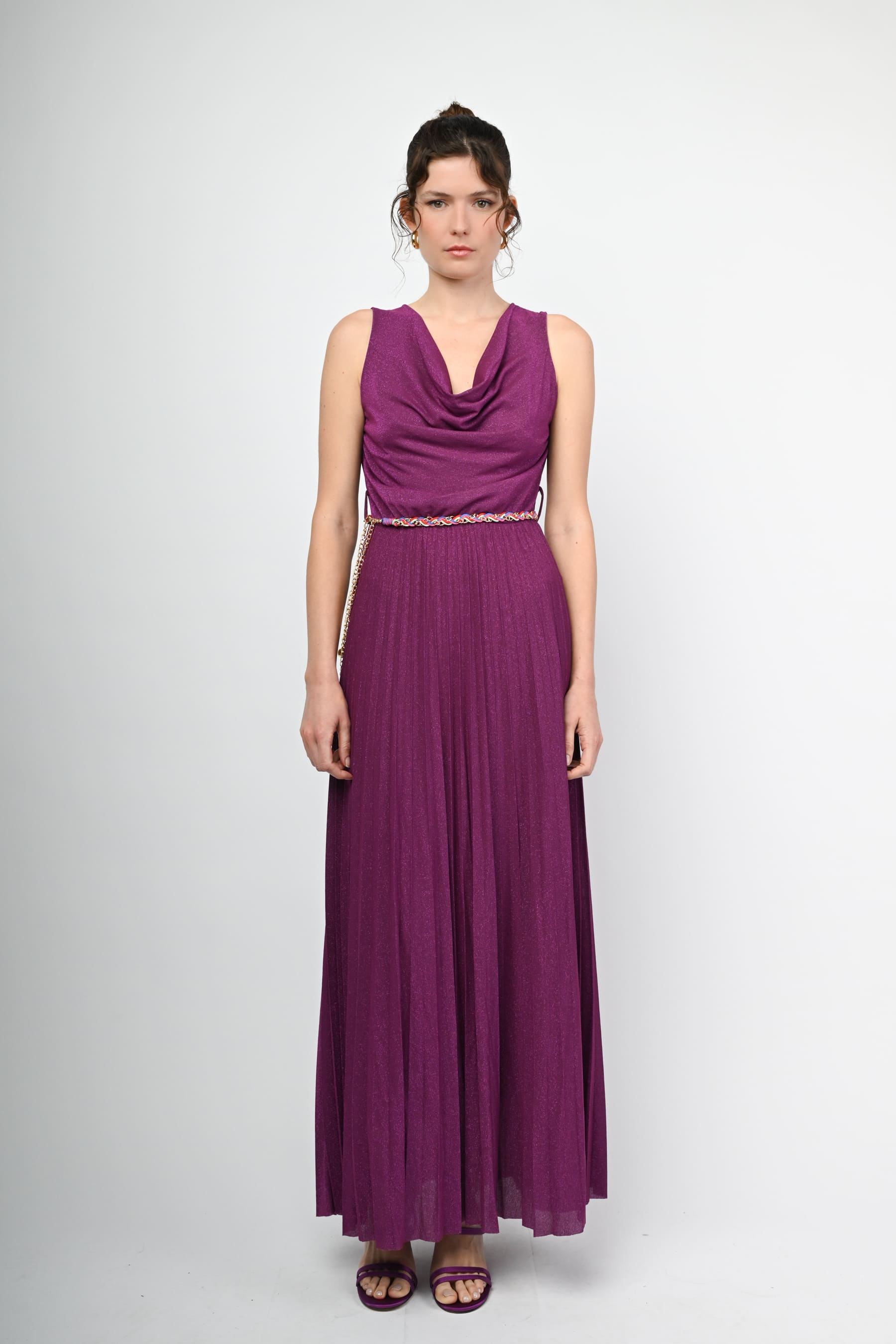 Simona Corsellini abito lungo in maglia lurex beige