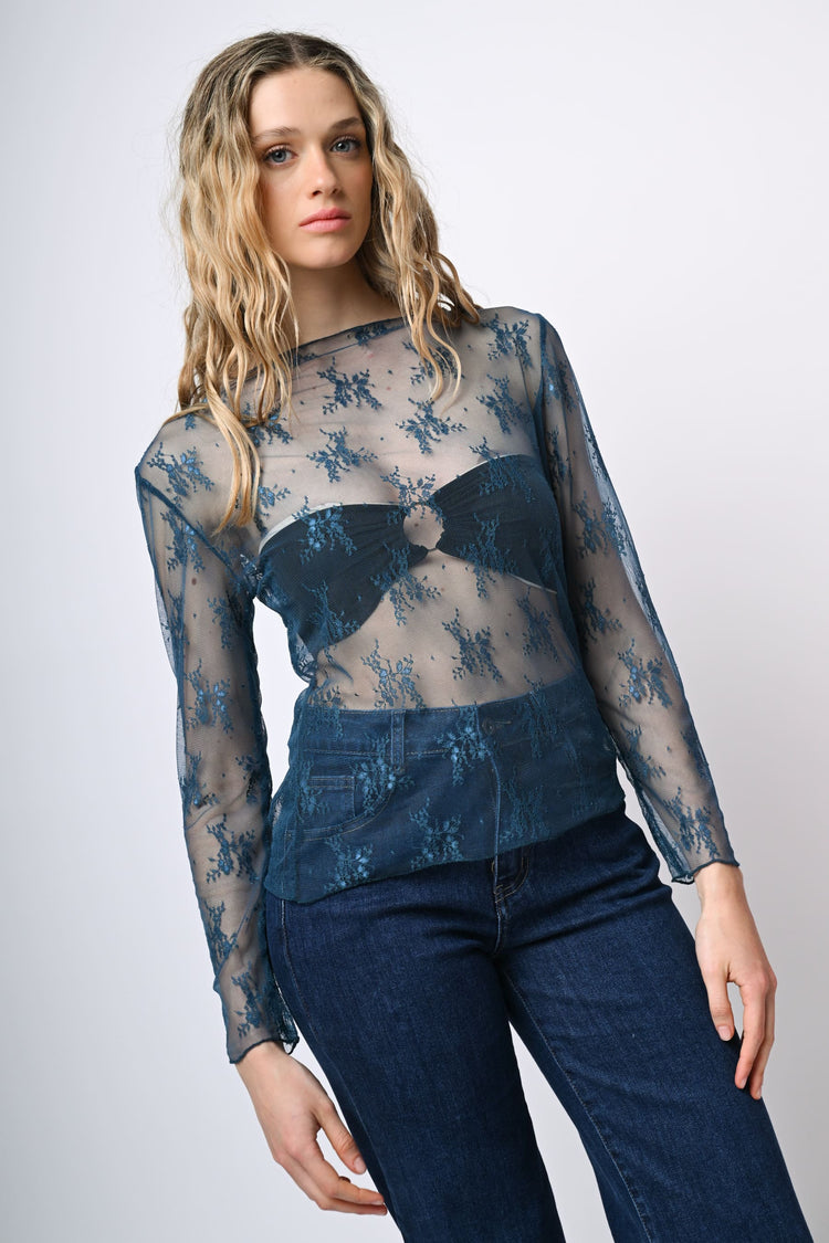 Top in tulle con ricami e scollo a cratere