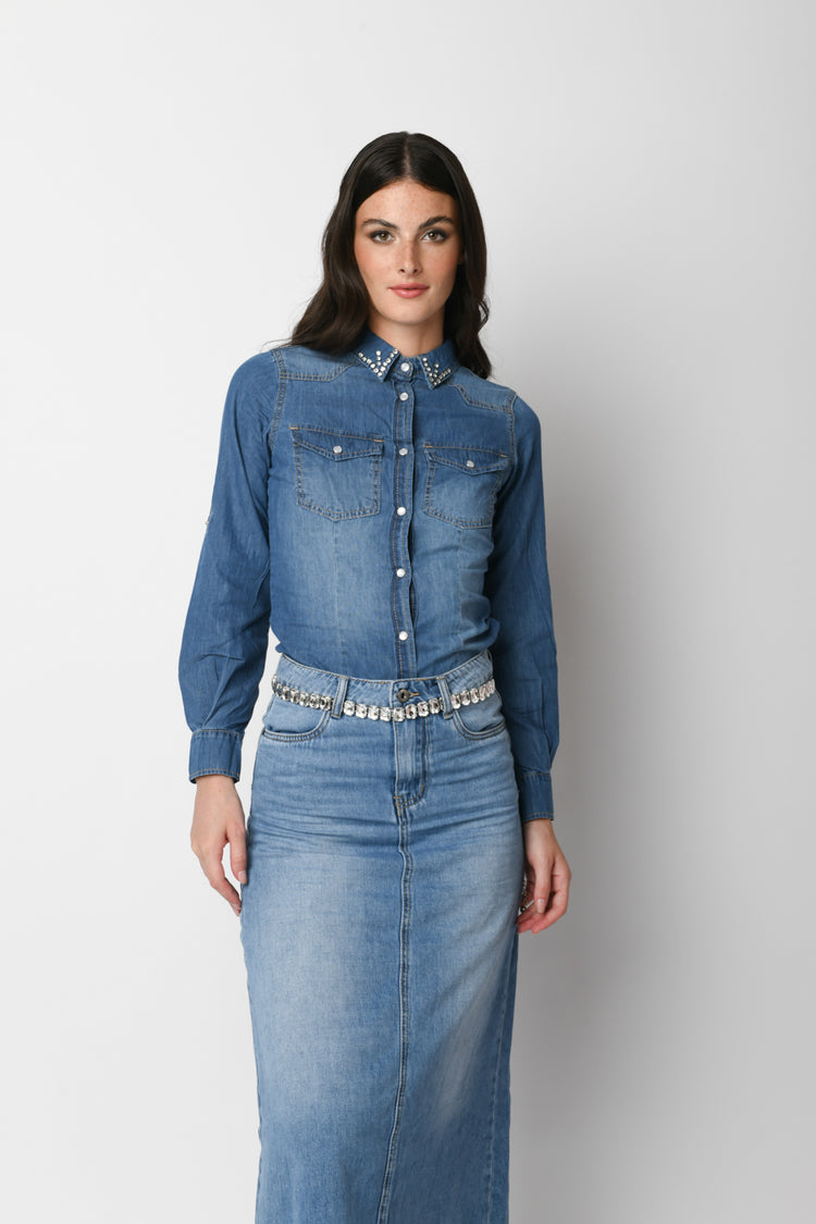 Camicia in denim con strass al colletto