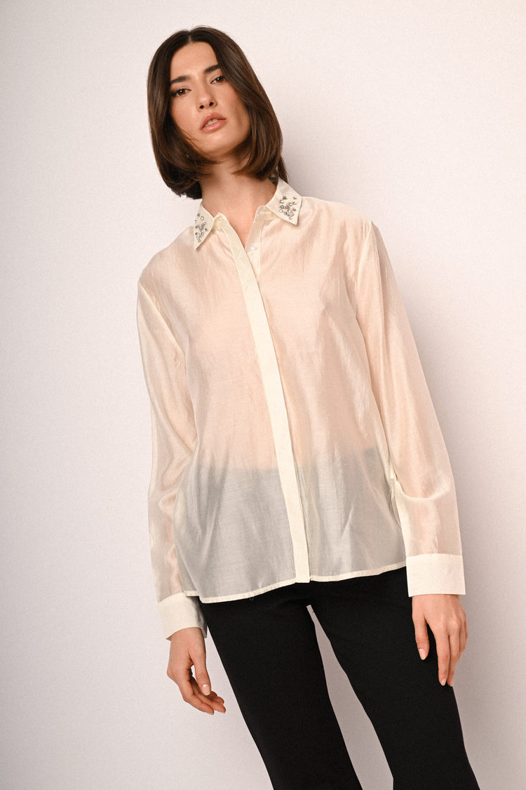 Camicia misto lyocell con colletto gioiello
