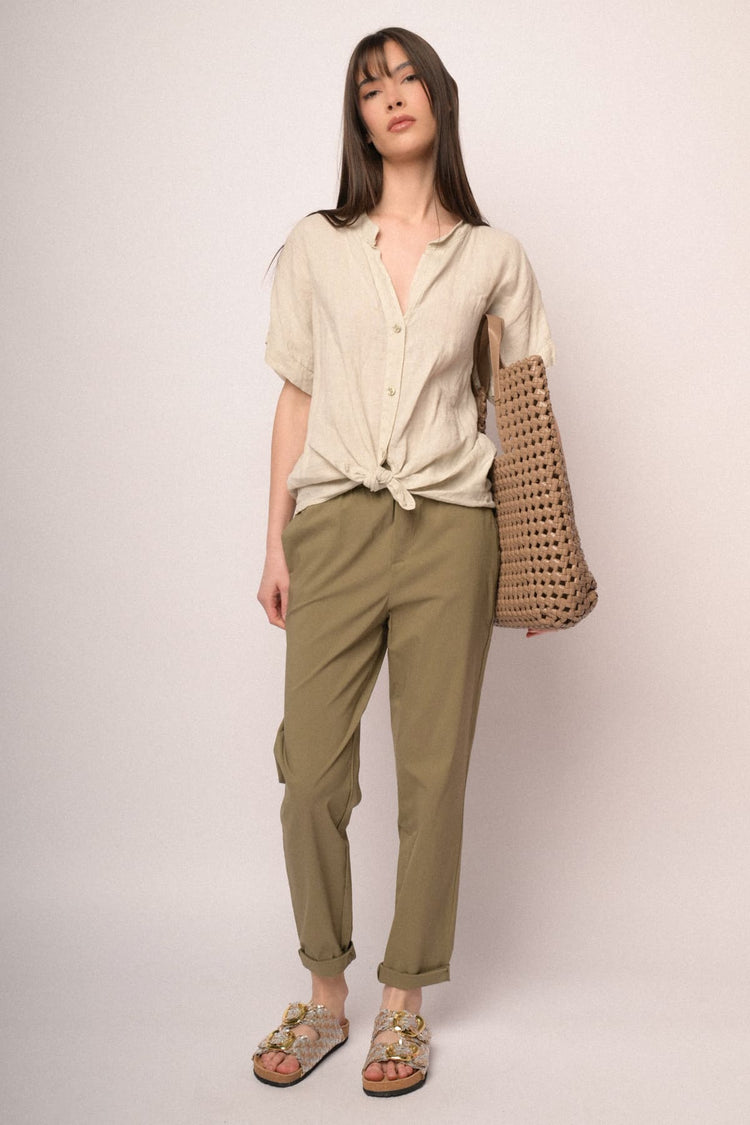 Pantaloni baggy con risvolto misto viscosa kaki
