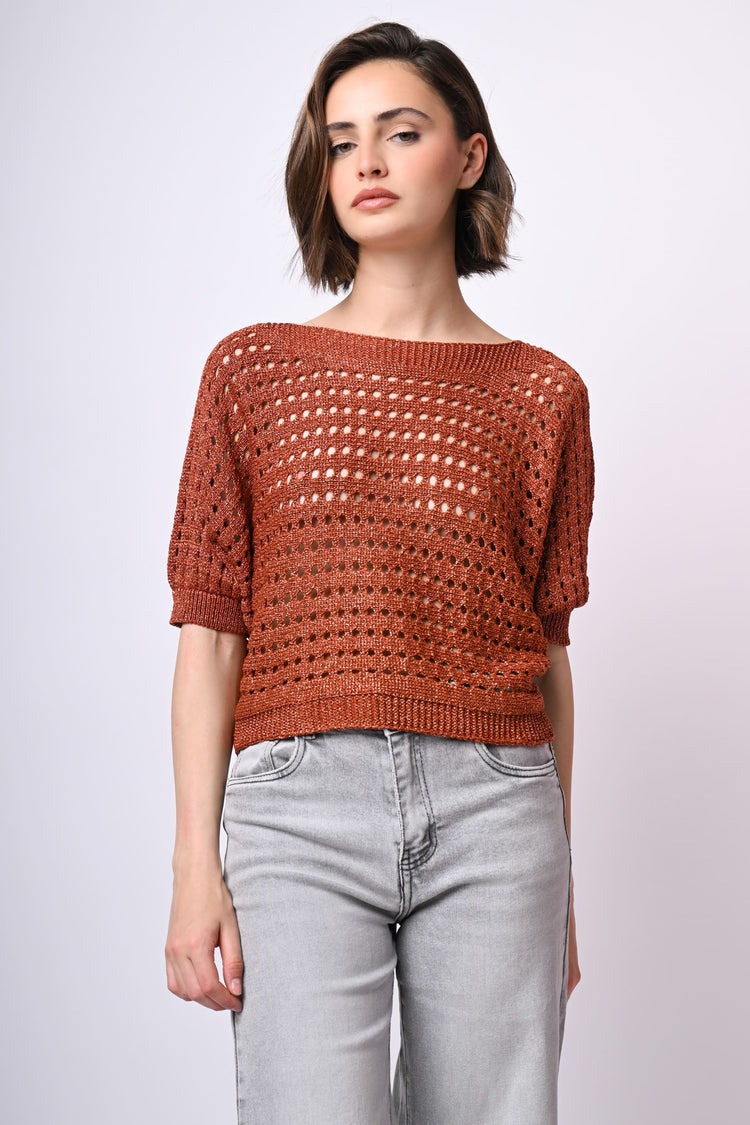 Pull in maglia crochet con fiocco sul retro