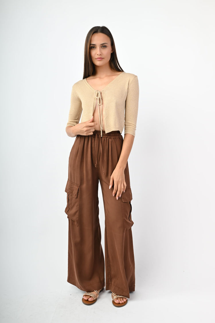 Cardigan in maglia lurex con laccetto