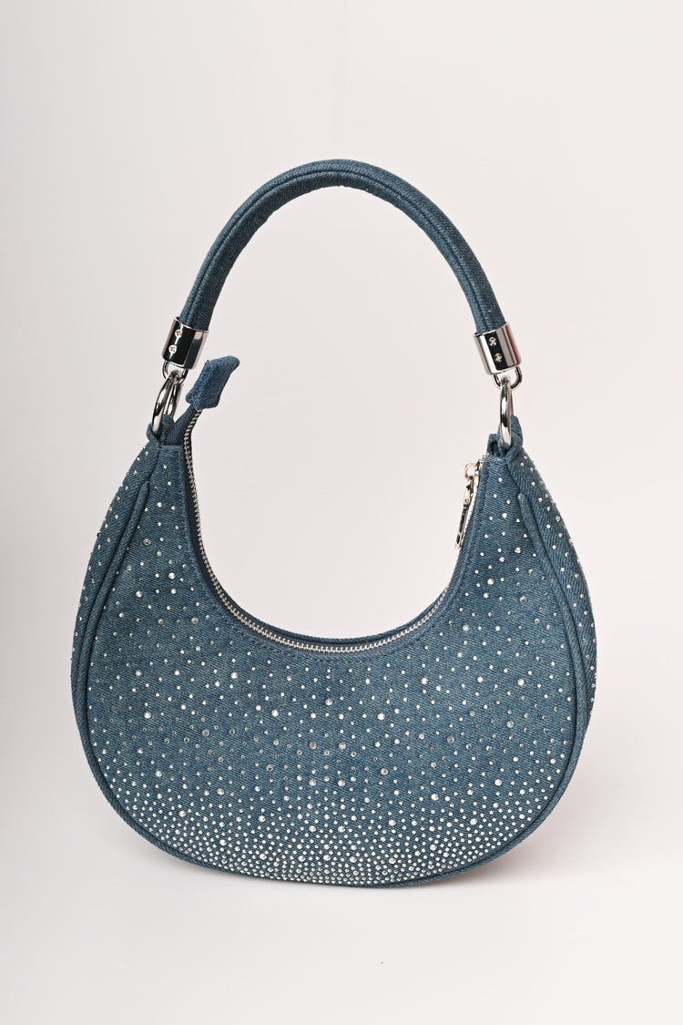 Borsa a mezzaluna in denim con strass