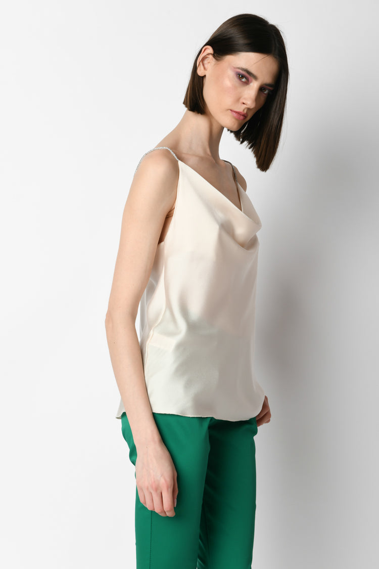 Top in raso con spalline in strass
