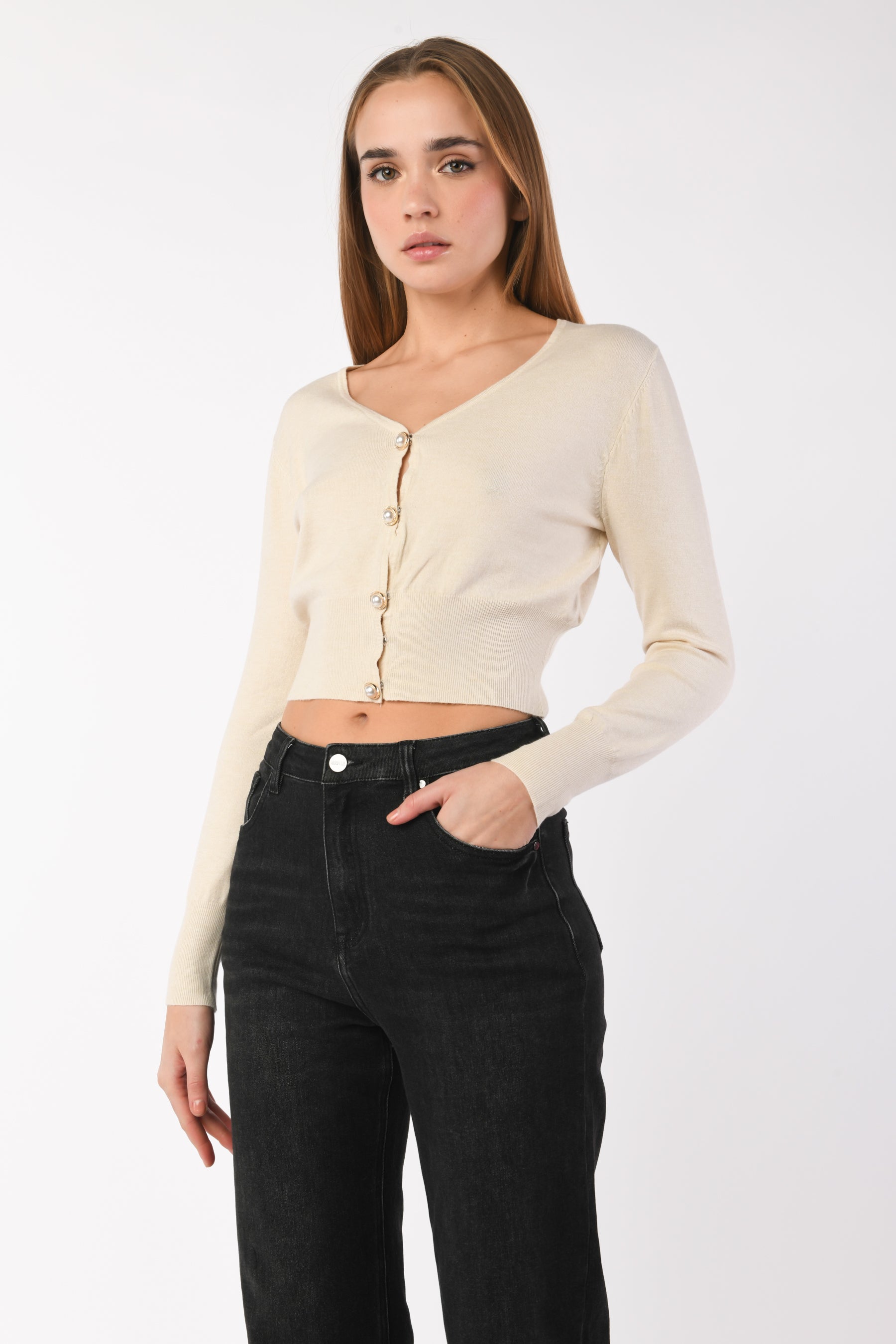 Cardigan crop con bottoni gioiello – Nunalie