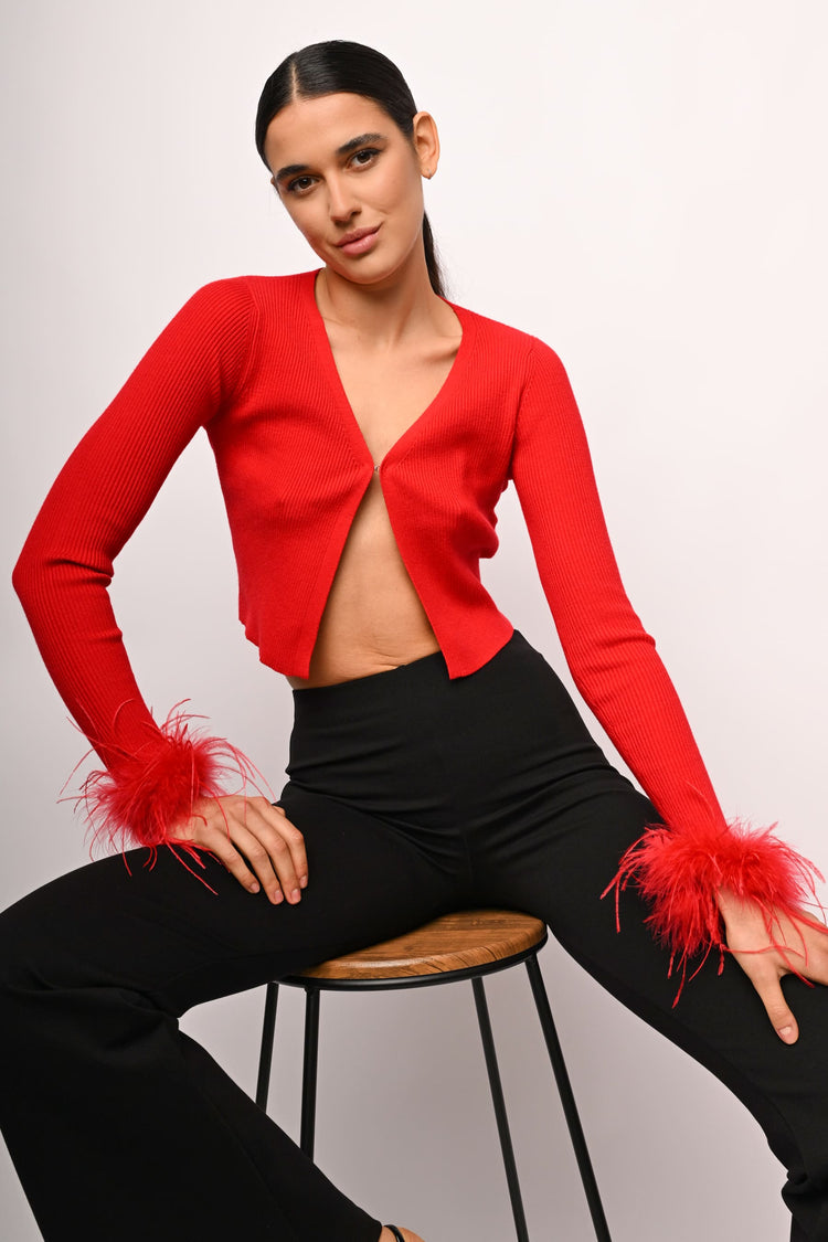 Cardigan crop con piume