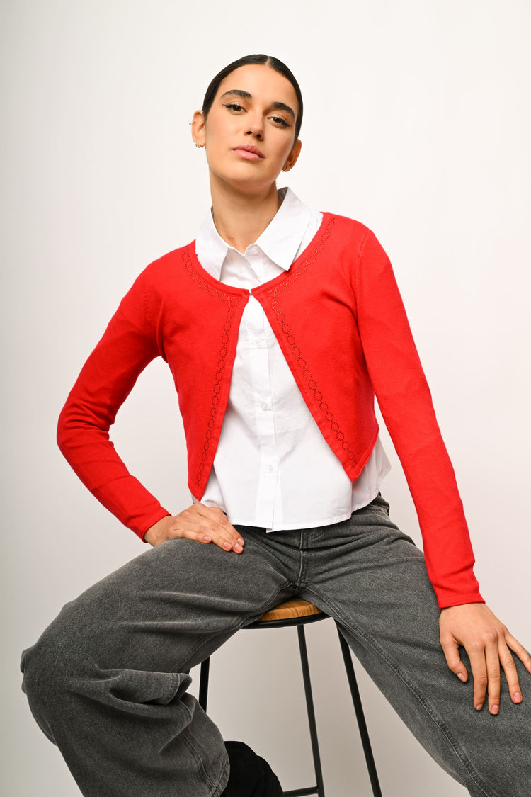 Cardigan crop con profili strass