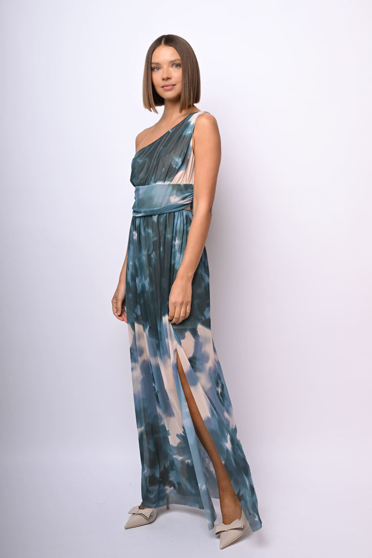 Abito lungo monospalla a stampa floreale