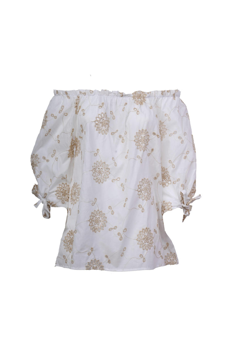 Blusa in pizzo Sangallo con spalle scoperte