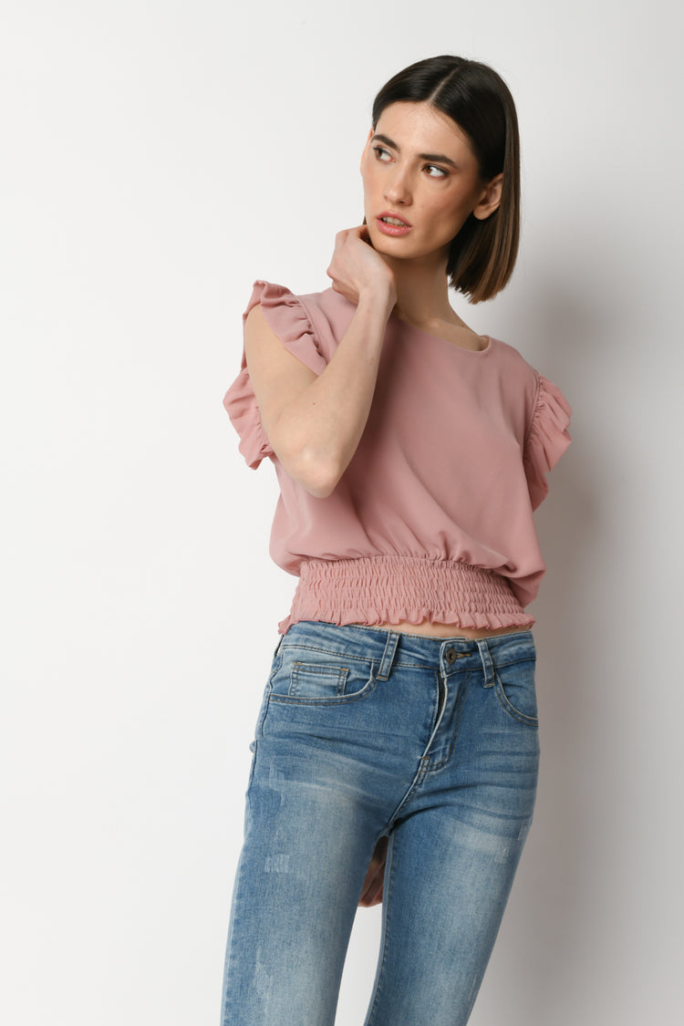 Top crop a punto smock con rouches