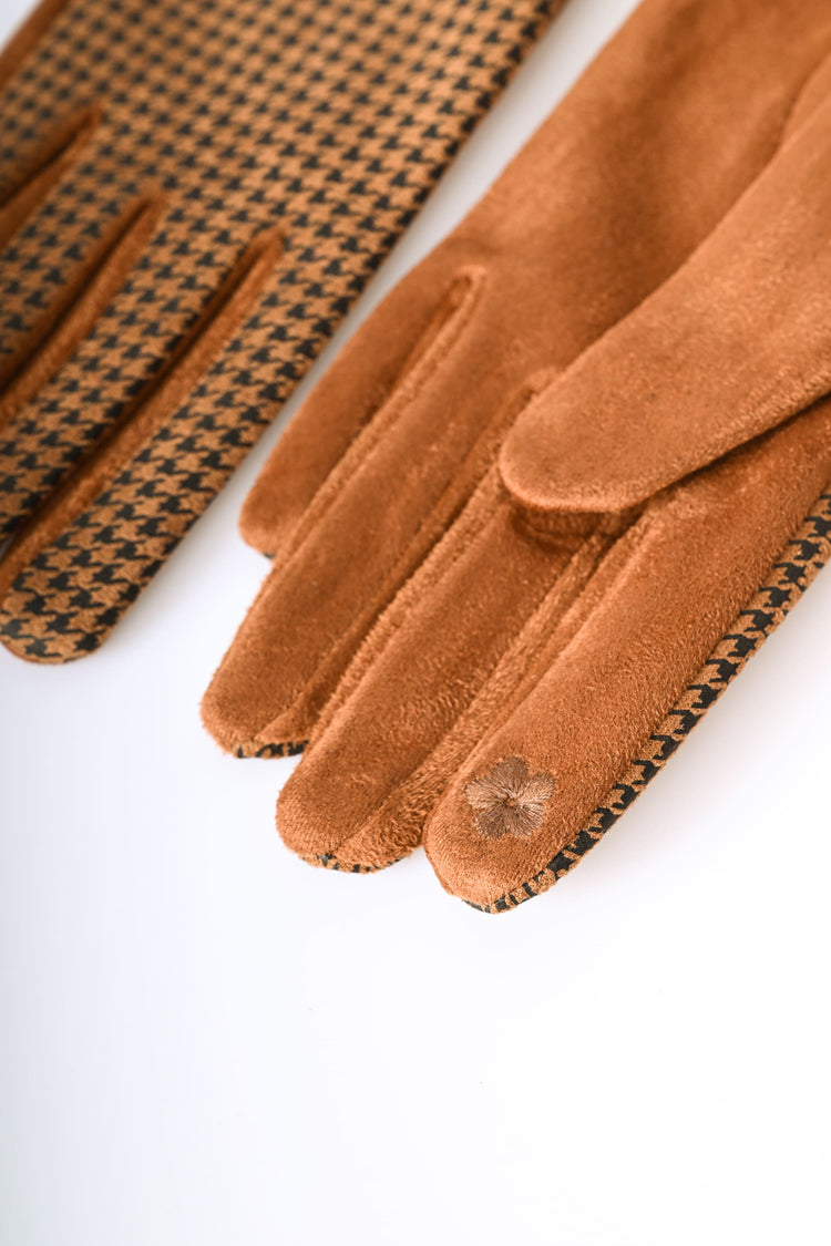 Guanti con motivo pied-de-poule e fiocco