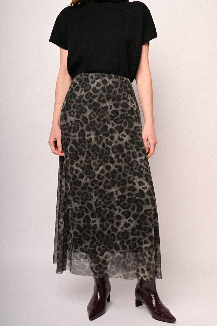 Gonna midi in tulle a stampa animalier