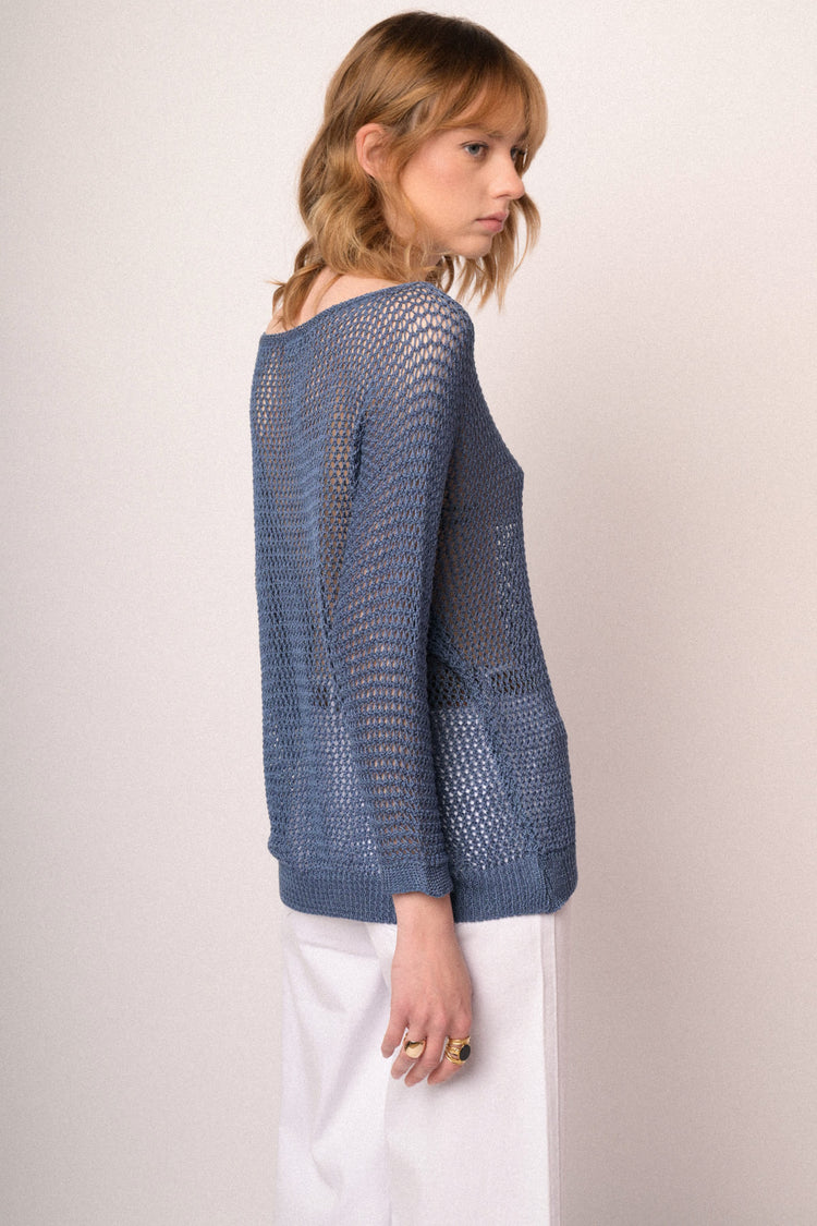 Pullover boxy-fit in maglia traforata blu denim