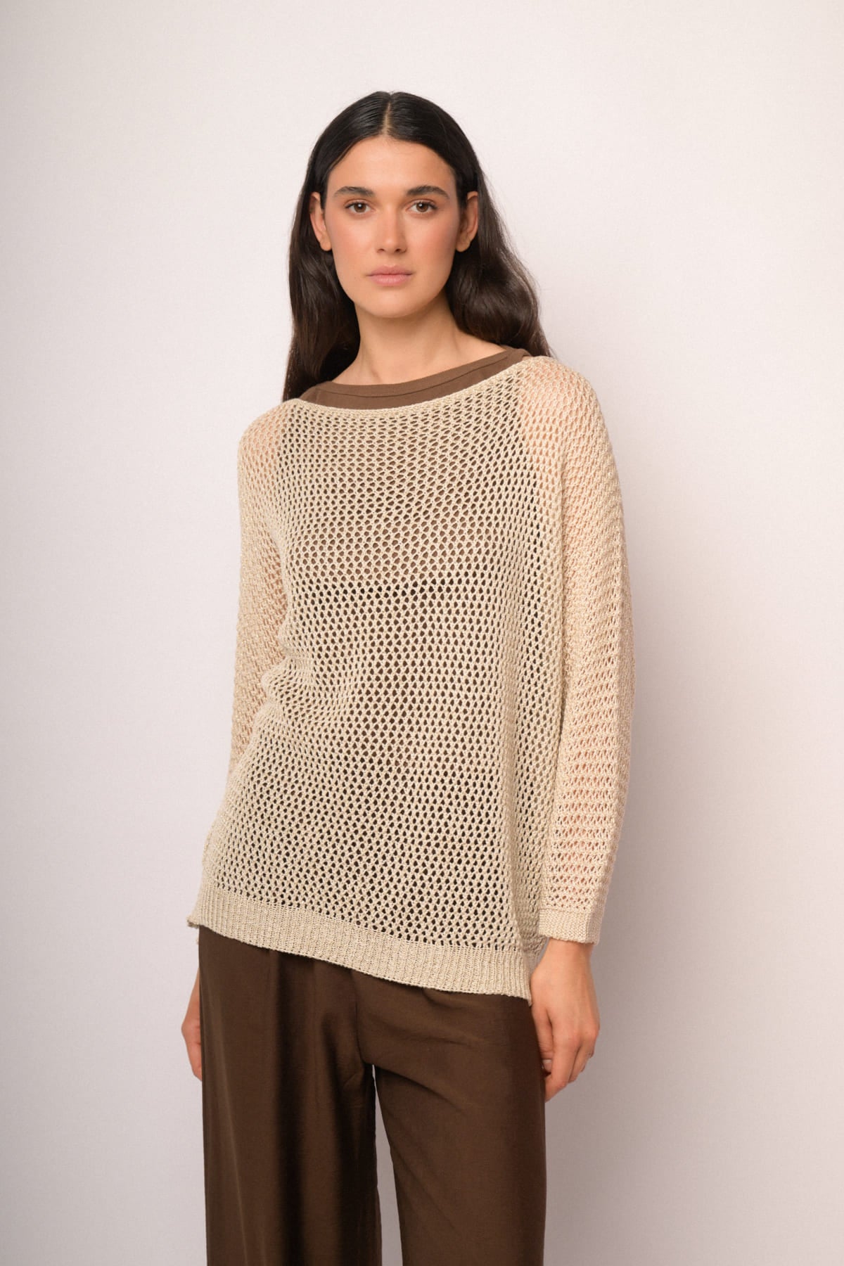 Maglia traforata beige con lurex