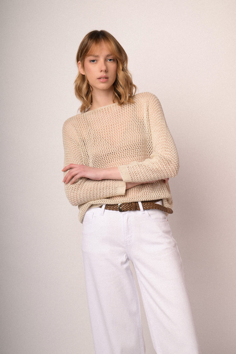 Pullover boxy-fit in maglia traforata beige
