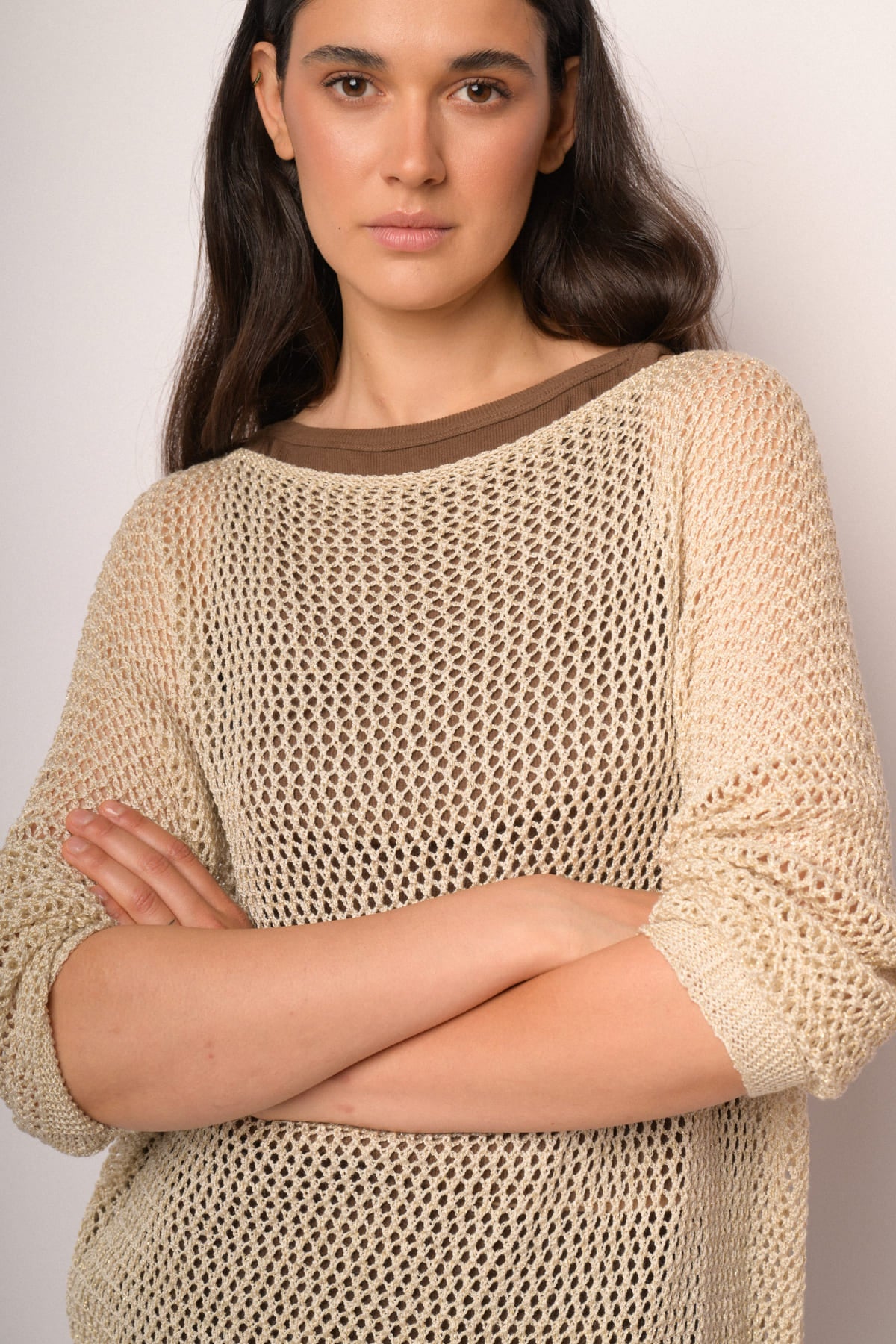Maglia traforata beige con lurex