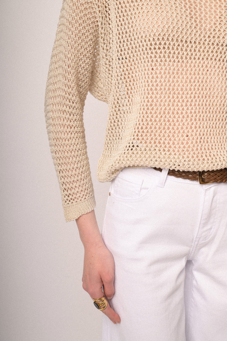 Pullover boxy-fit in maglia traforata beige