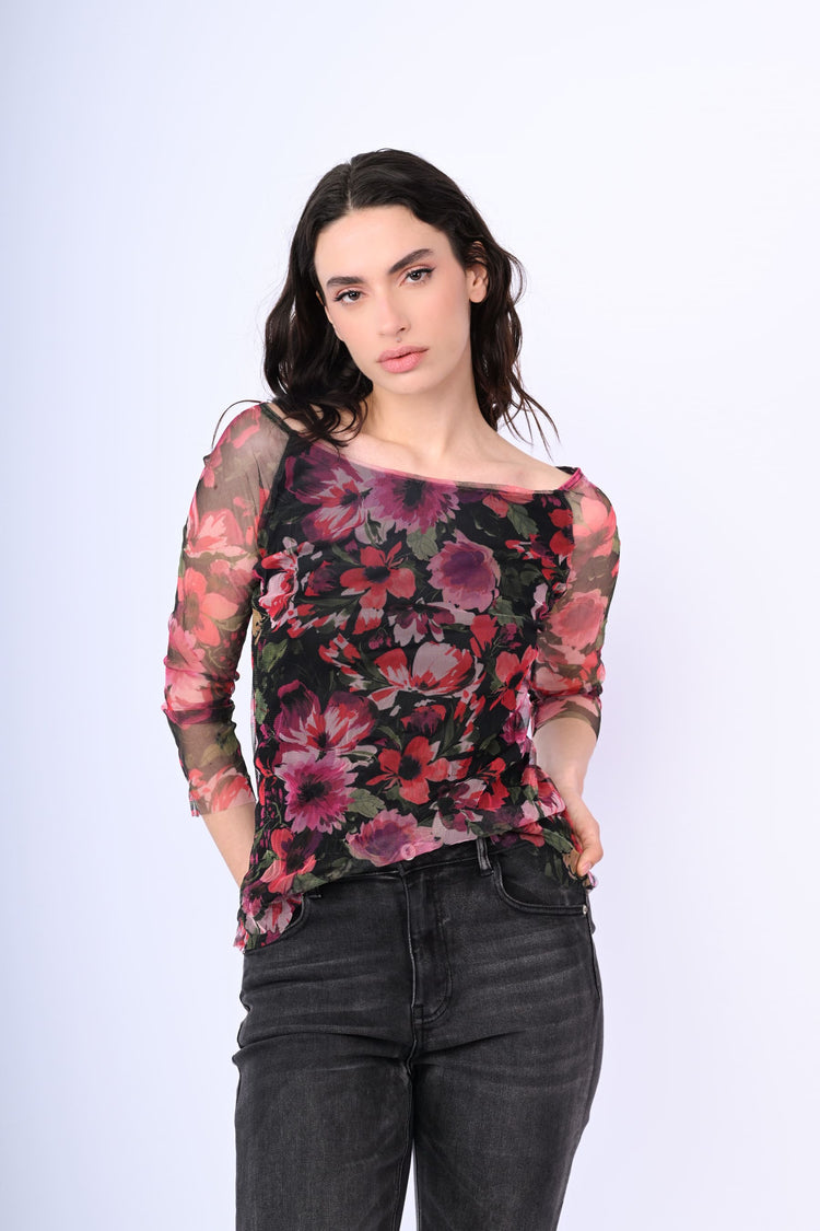 Top in tulle a stampa floreale