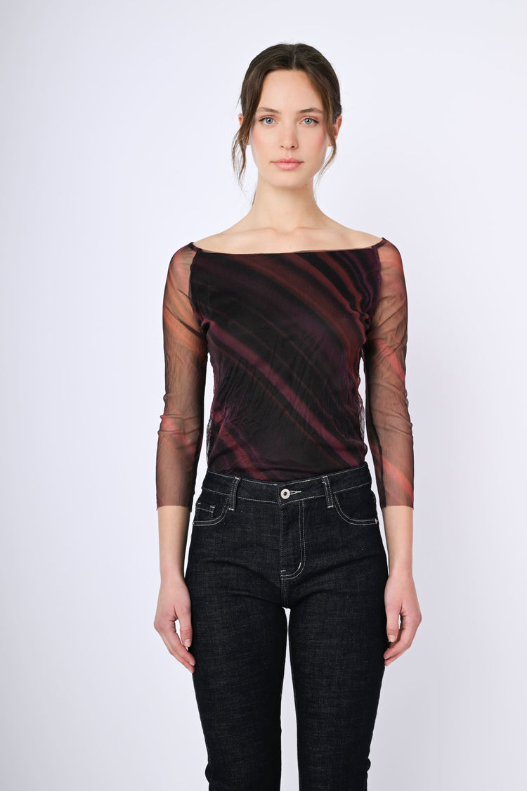 Top in tulle a righe diagonali