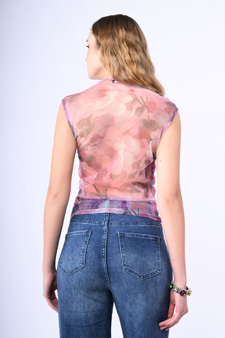 Top in tulle a stampa rose