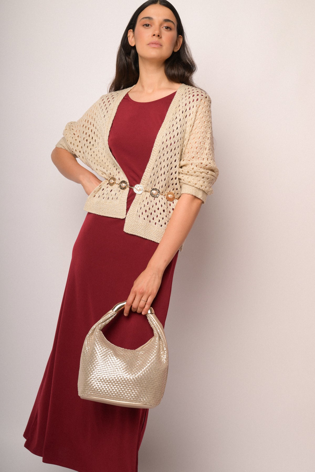 Cardigan traforato beige con lurex