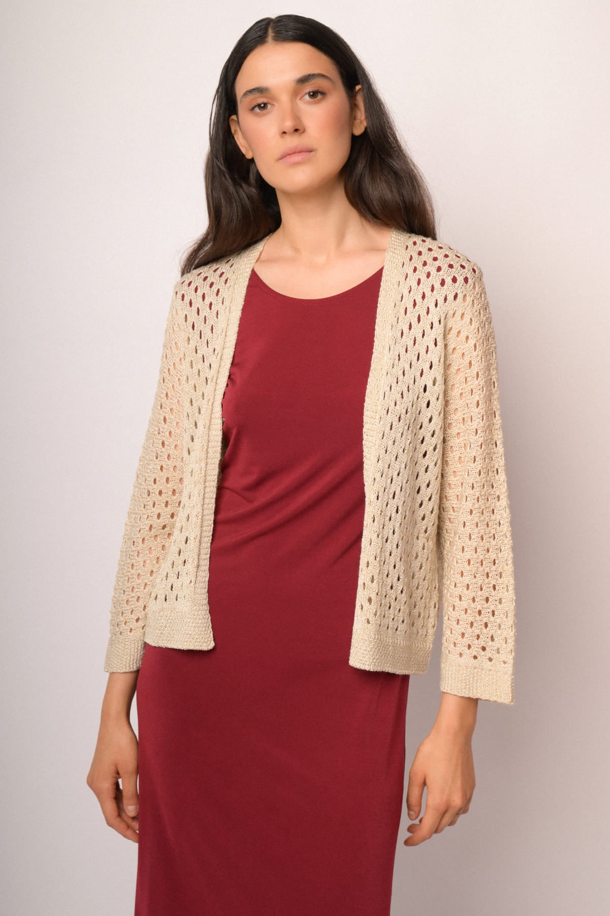 Cardigan traforato beige con lurex