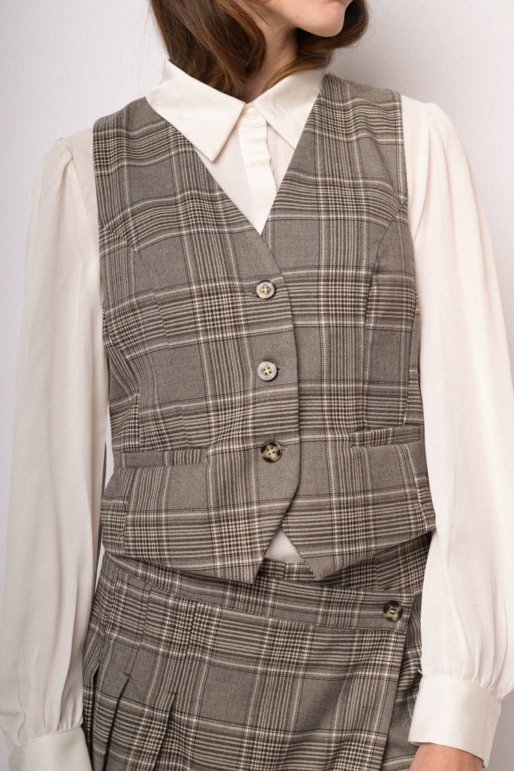 Gilet monopetto check grigio