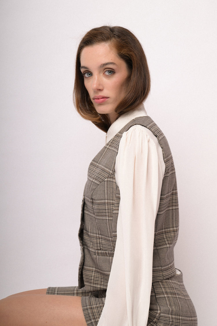 Gilet monopetto check grigio
