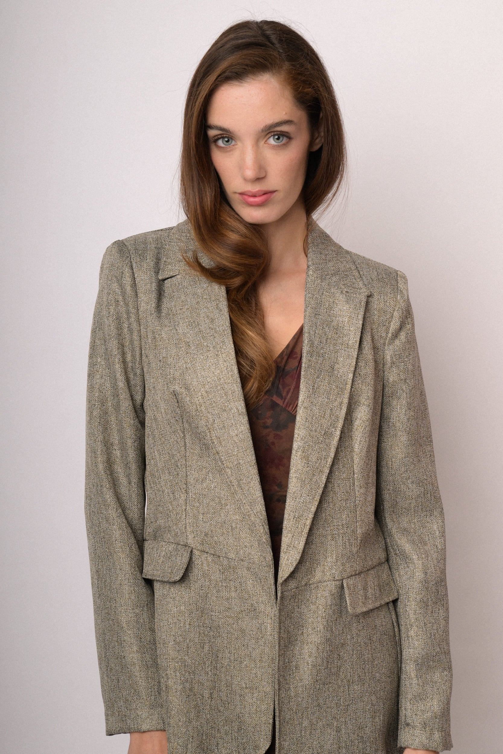 Blazer morbido beige mélange con pattine