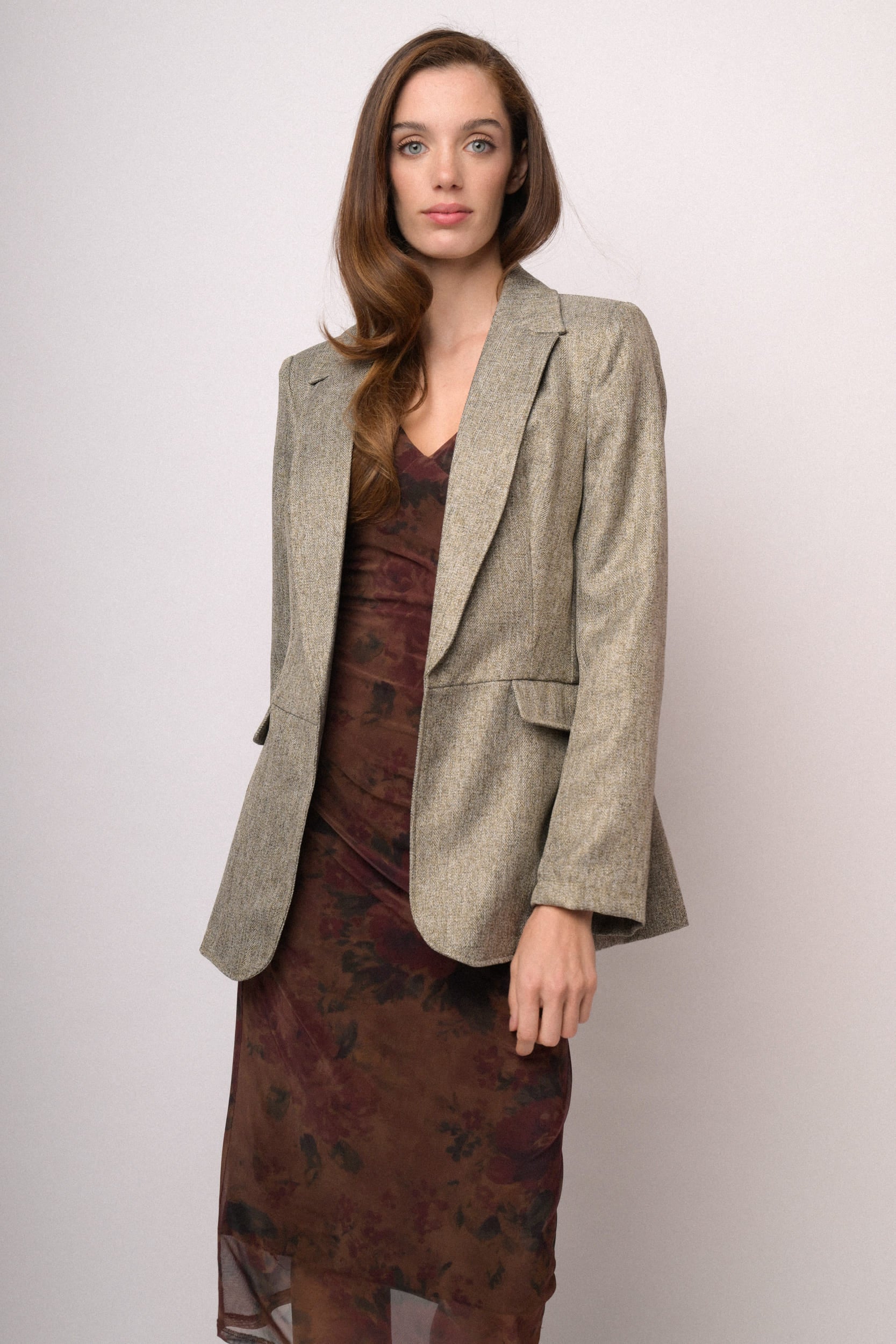 Blazer morbido beige mélange con pattine